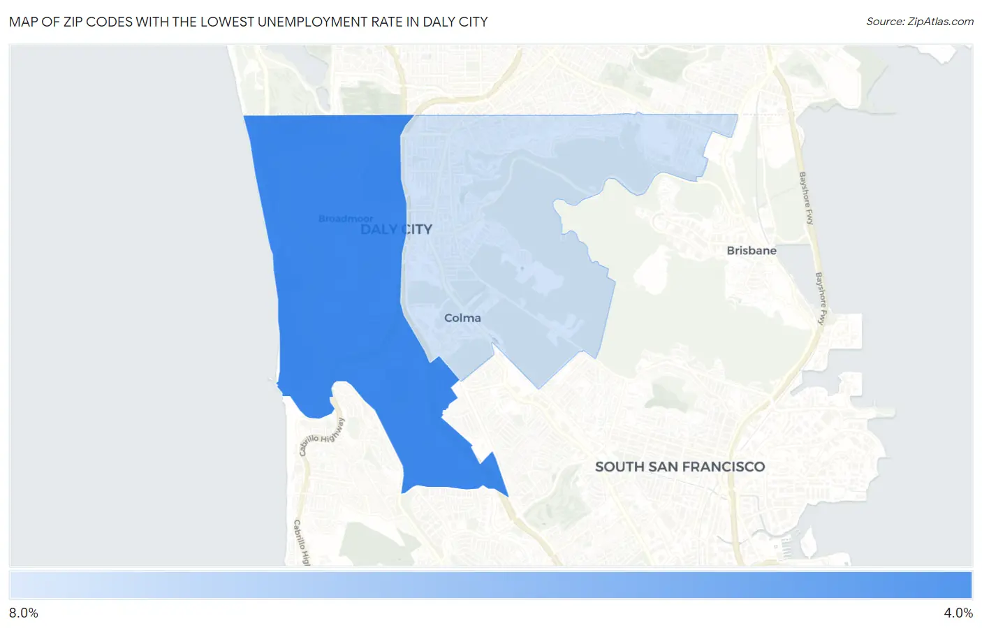 Zip Codes with the Lowest Unemployment Rate in Daly City Map