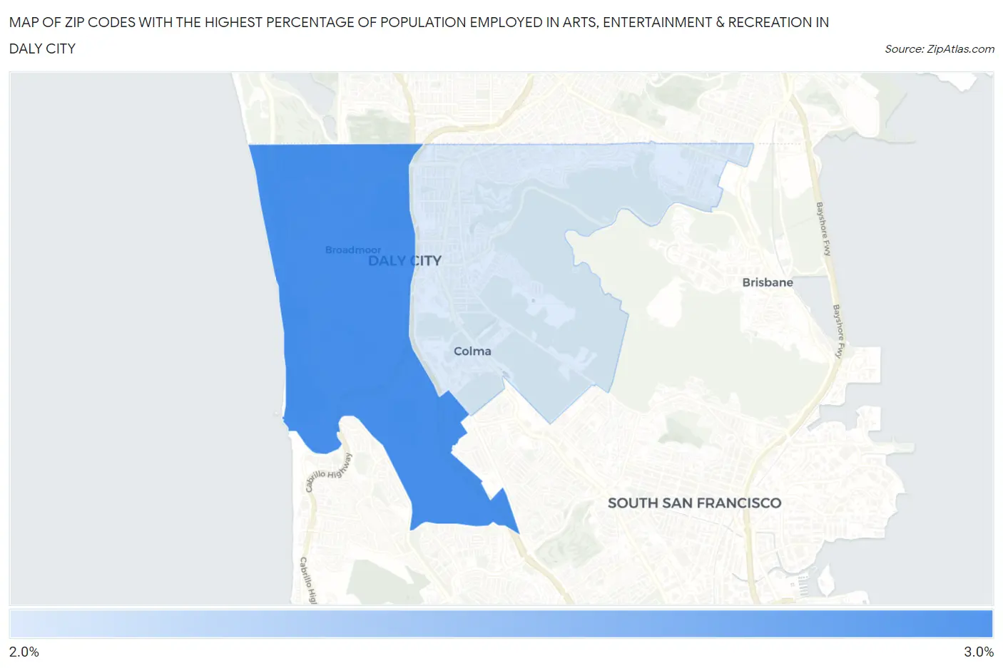 Zip Codes with the Highest Percentage of Population Employed in Arts, Entertainment & Recreation in Daly City Map