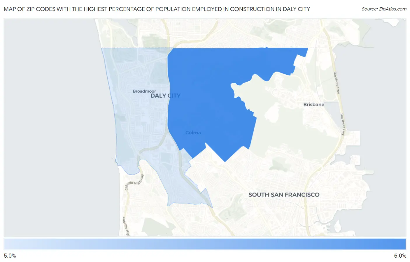 Zip Codes with the Highest Percentage of Population Employed in Construction in Daly City Map