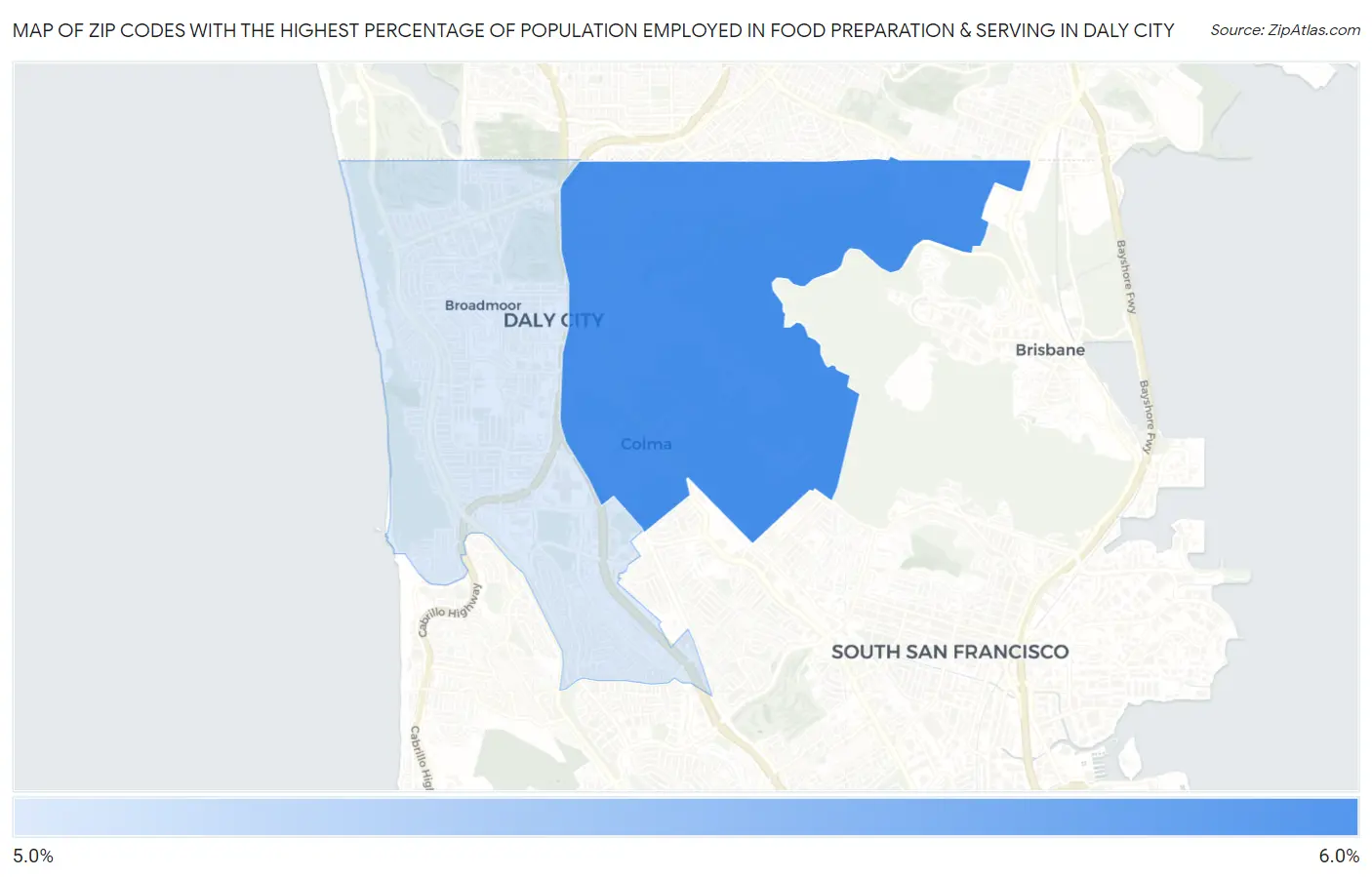 Zip Codes with the Highest Percentage of Population Employed in Food Preparation & Serving in Daly City Map