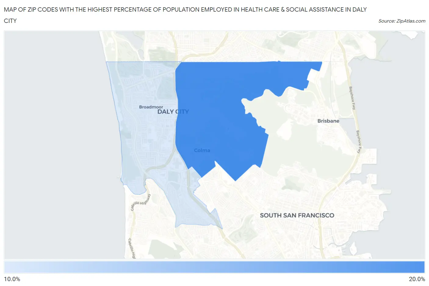 Zip Codes with the Highest Percentage of Population Employed in Health Care & Social Assistance in Daly City Map