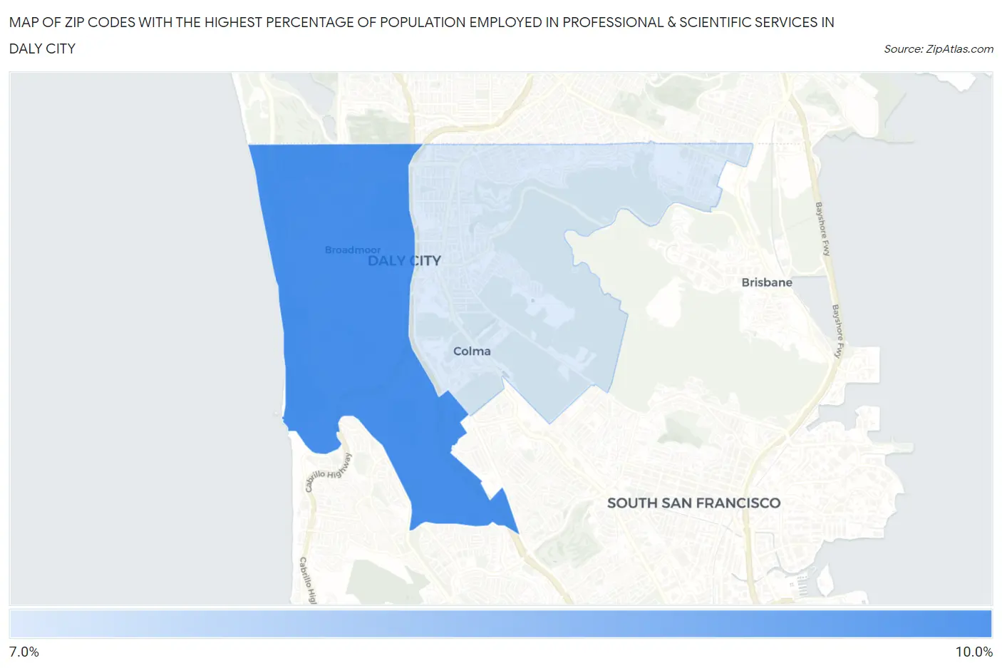 Zip Codes with the Highest Percentage of Population Employed in Professional & Scientific Services in Daly City Map
