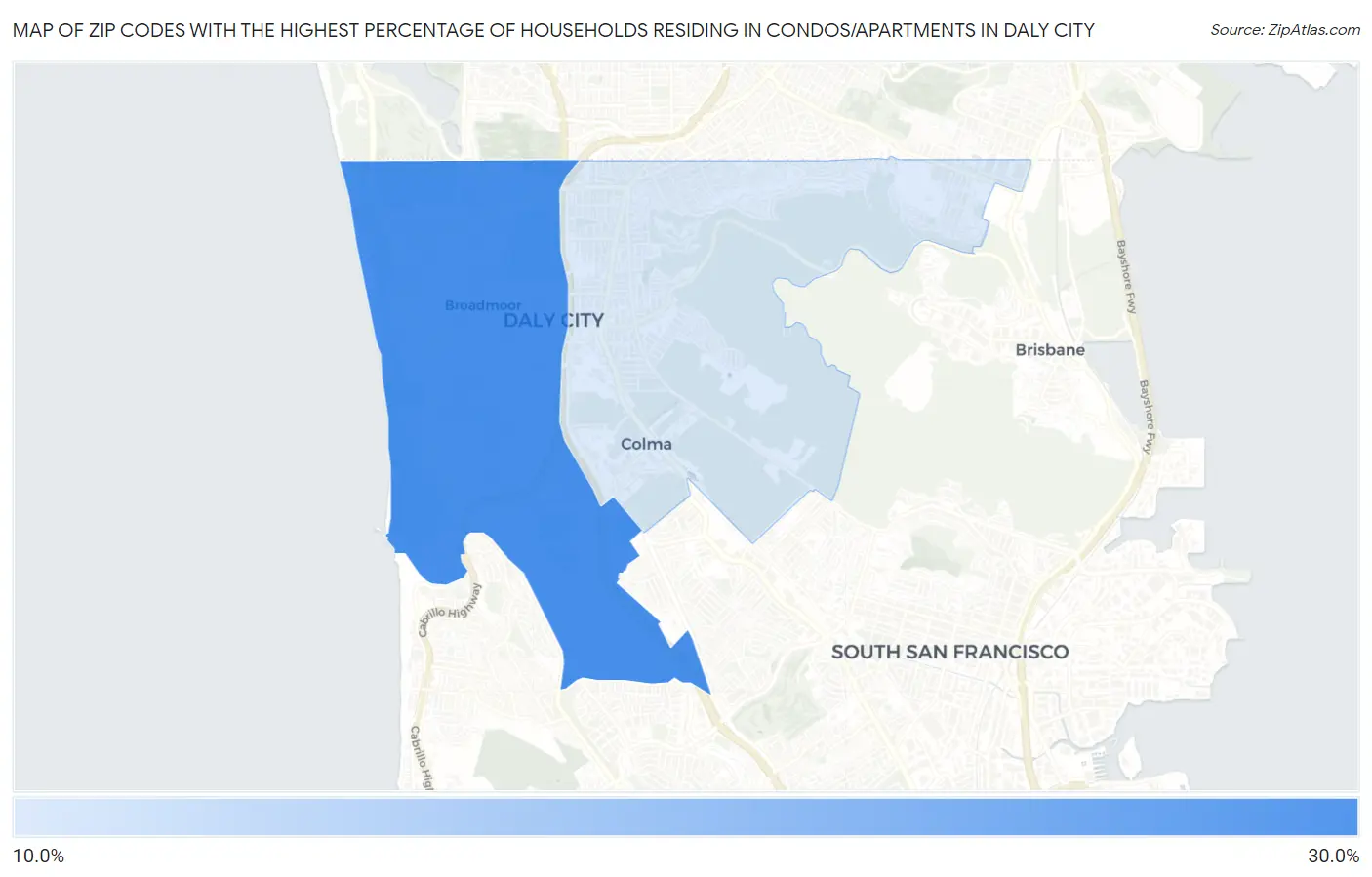Zip Codes with the Highest Percentage of Households Residing in Condos/Apartments in Daly City Map