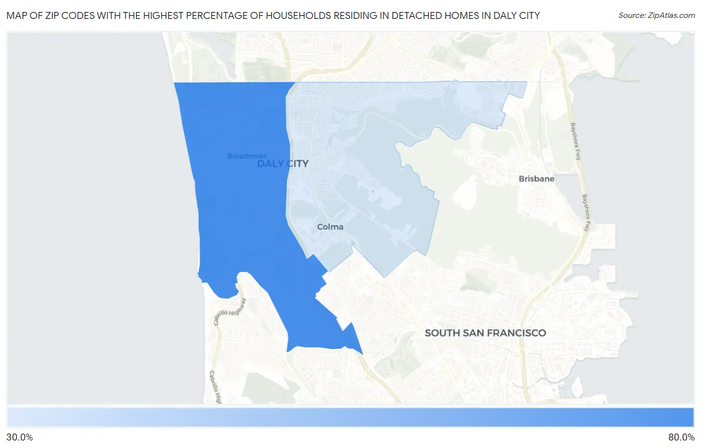 Zip Codes with the Highest Percentage of Households Residing in Detached Homes in Daly City Map
