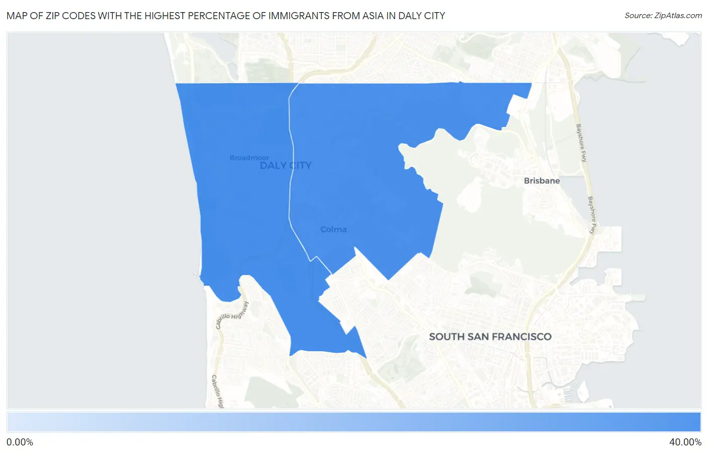 Zip Codes with the Highest Percentage of Immigrants from Asia in Daly City Map