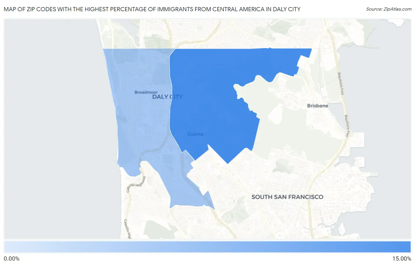 Zip Codes with the Highest Percentage of Immigrants from Central America in Daly City Map