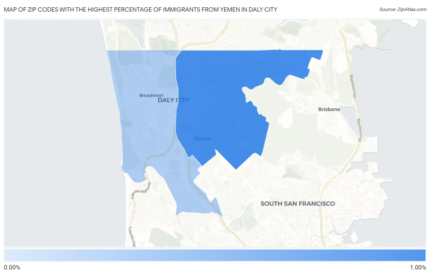 Zip Codes with the Highest Percentage of Immigrants from Yemen in Daly City Map