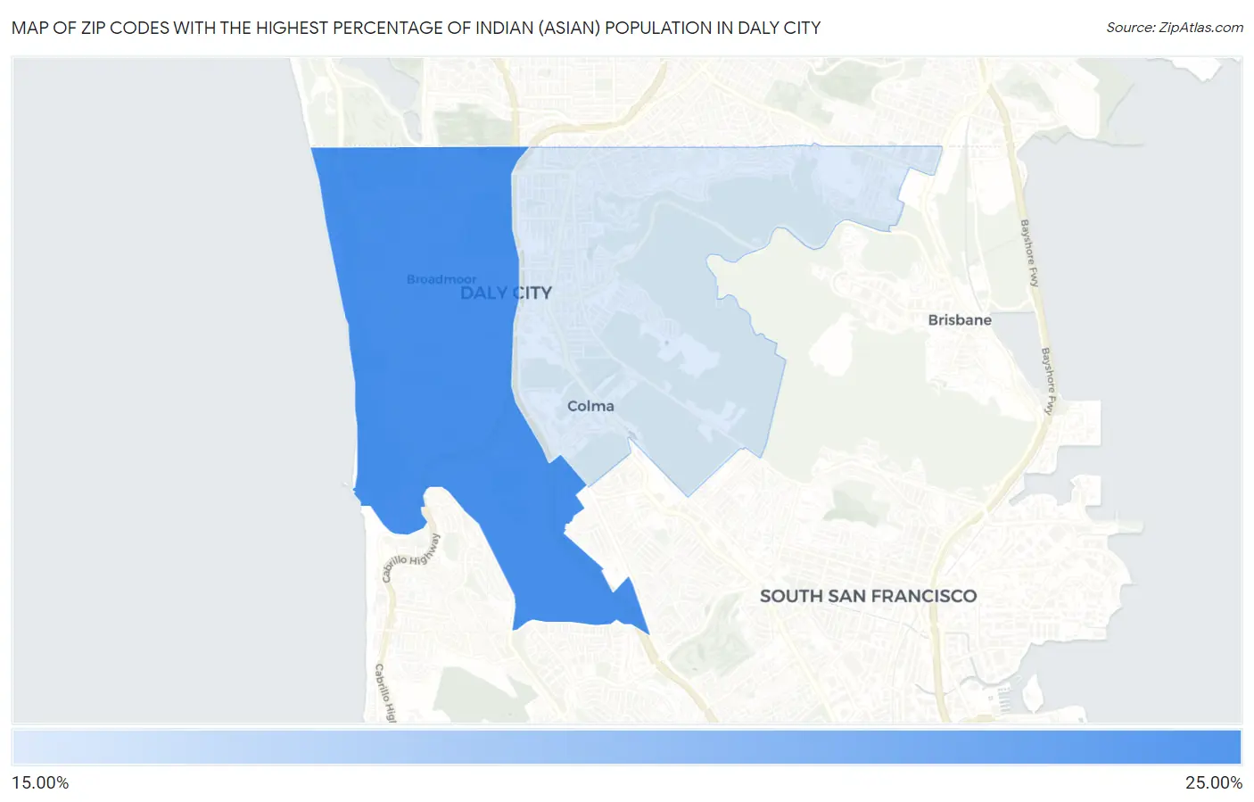 Zip Codes with the Highest Percentage of Indian (Asian) Population in Daly City Map