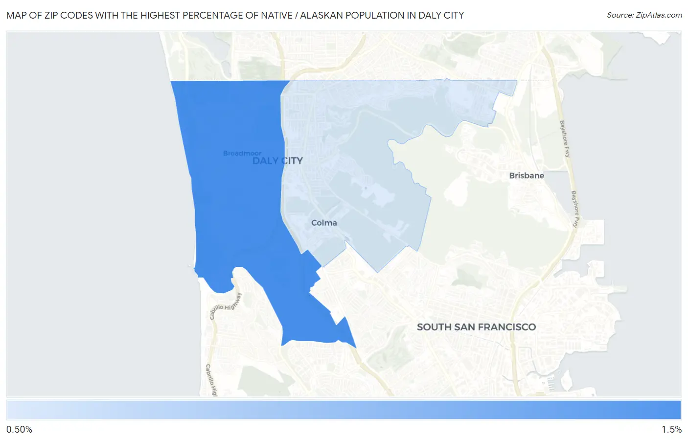 Zip Codes with the Highest Percentage of Native / Alaskan Population in Daly City Map
