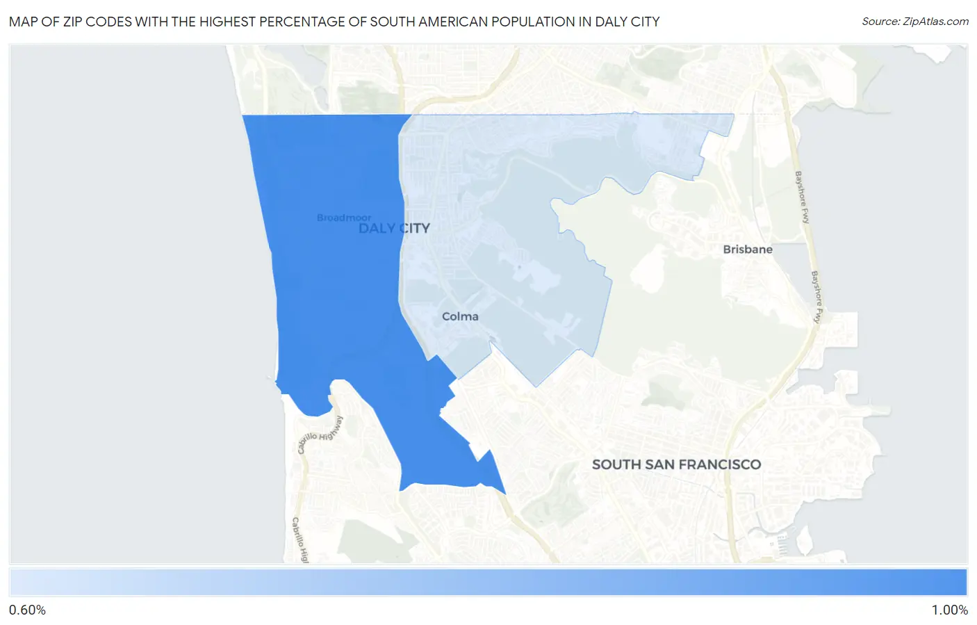 Zip Codes with the Highest Percentage of South American Population in Daly City Map