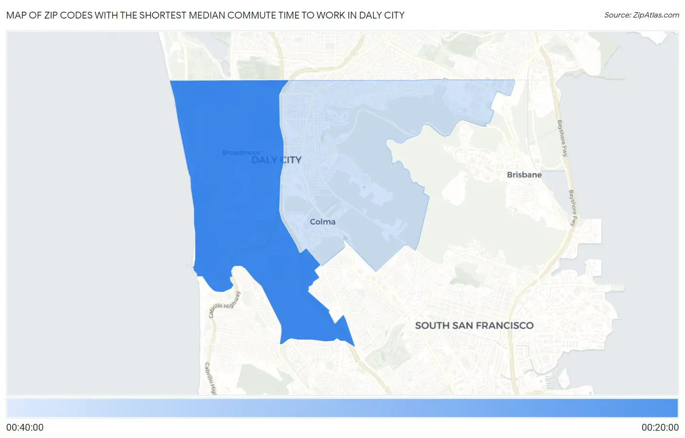 Zip Codes with the Shortest Median Commute Time to Work in Daly City Map