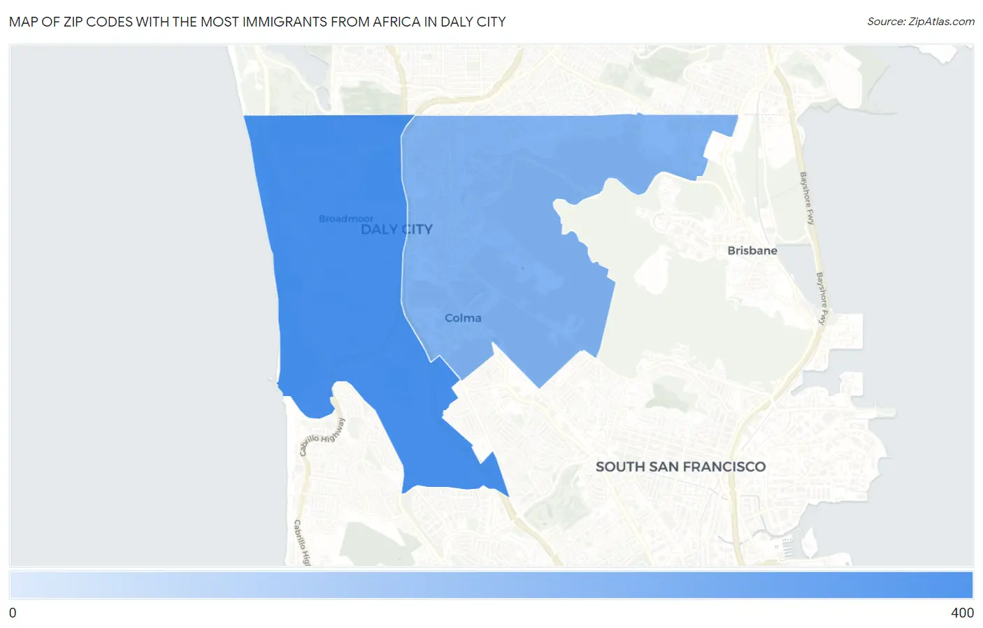Zip Codes with the Most Immigrants from Africa in Daly City Map