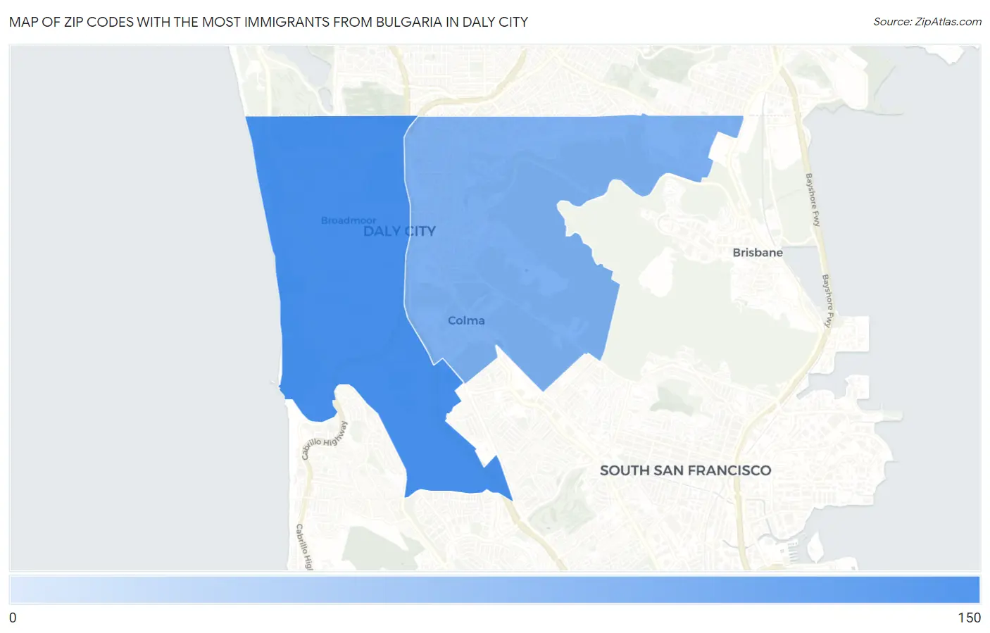 Zip Codes with the Most Immigrants from Bulgaria in Daly City Map