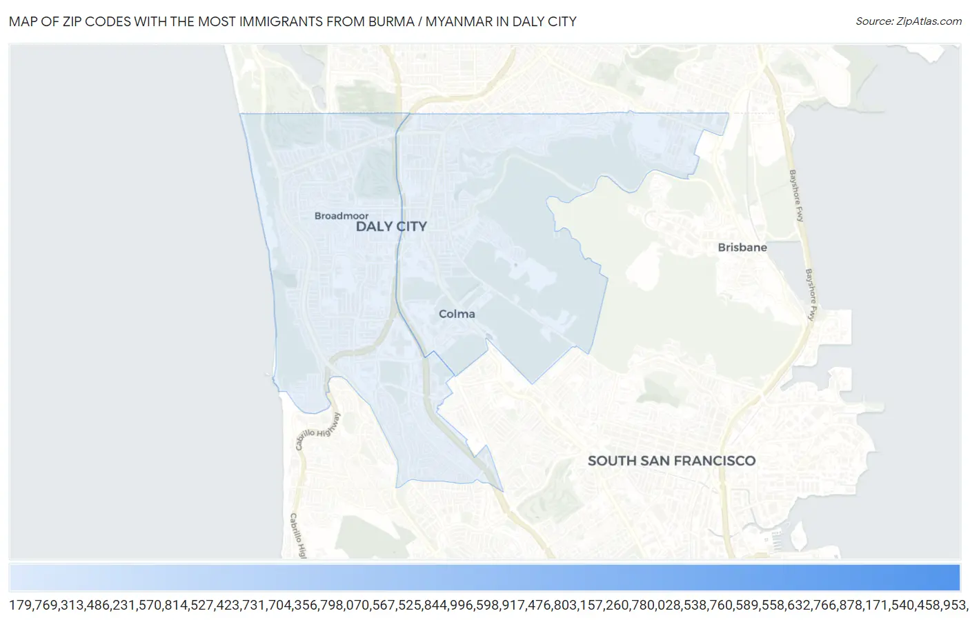 Zip Codes with the Most Immigrants from Burma / Myanmar in Daly City Map