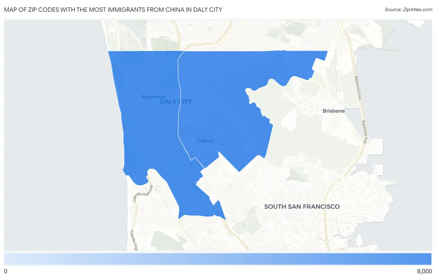 Zip Codes with the Most Immigrants from China in Daly City Map
