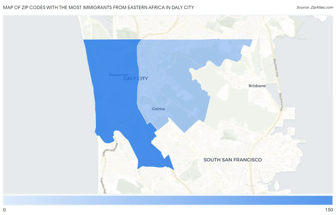 Zip Codes with the Most Immigrants from Eastern Africa in Daly City Map