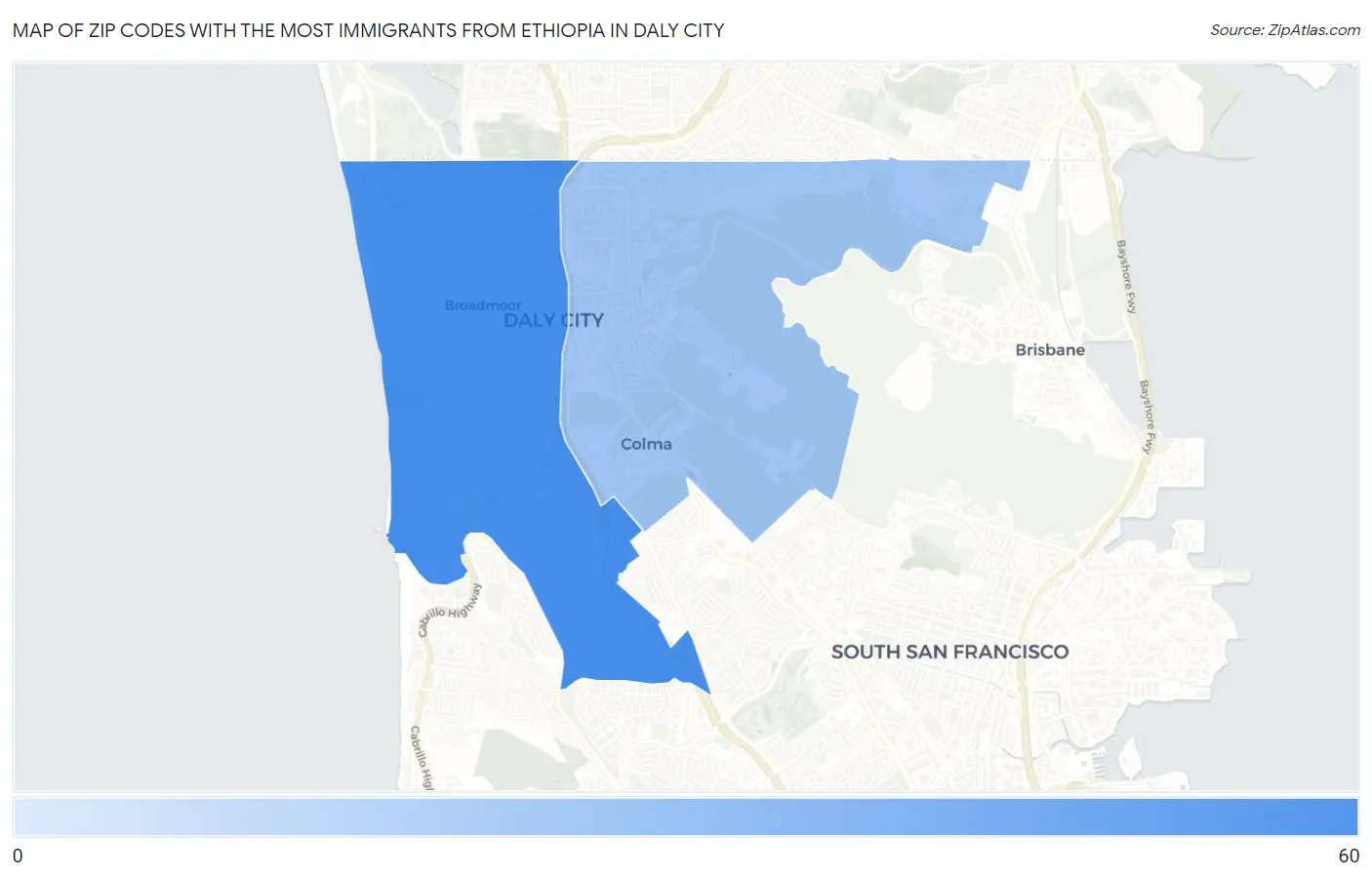 Zip Codes with the Most Immigrants from Ethiopia in Daly City Map