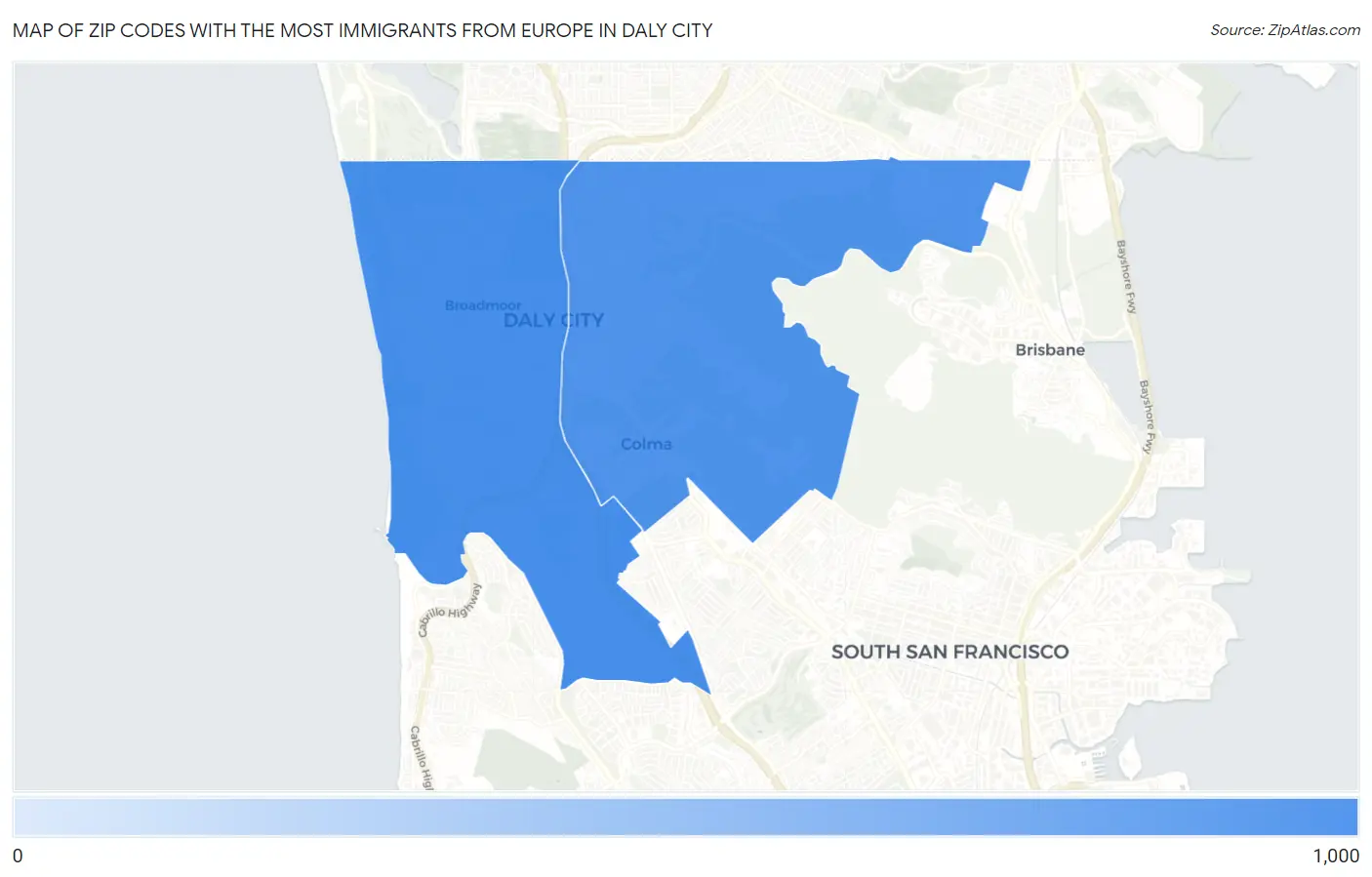 Zip Codes with the Most Immigrants from Europe in Daly City Map