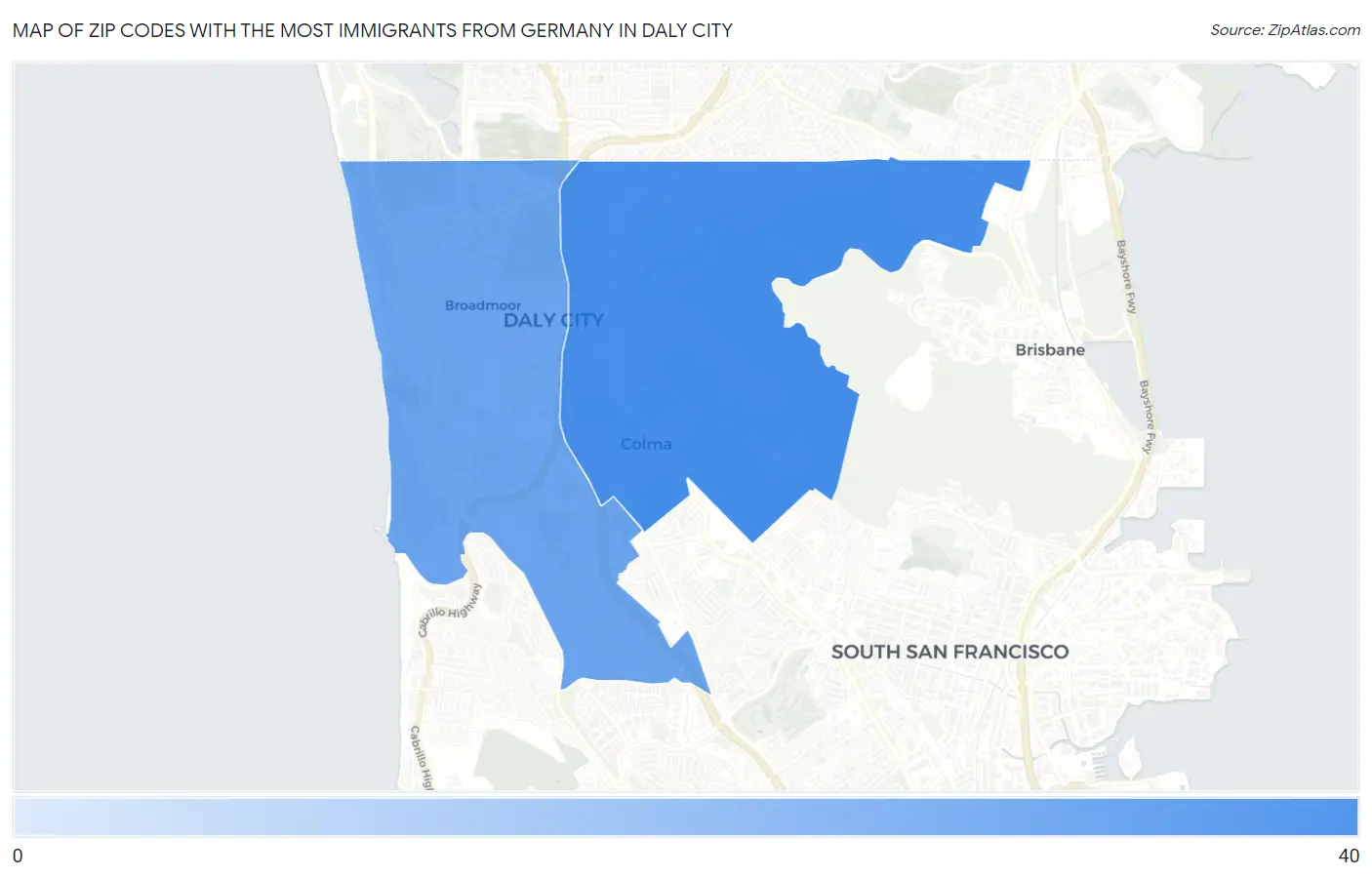 Zip Codes with the Most Immigrants from Germany in Daly City Map