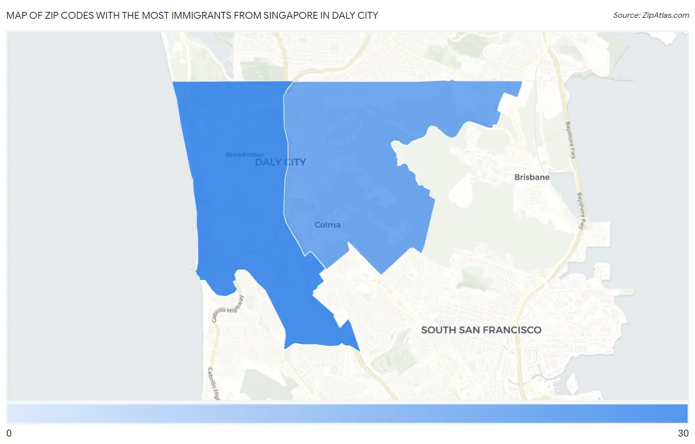 Zip Codes with the Most Immigrants from Singapore in Daly City Map