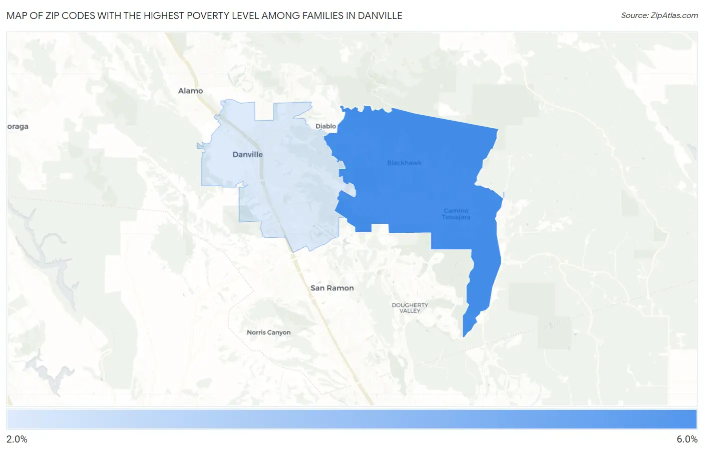 Zip Codes with the Highest Poverty Level Among Families in Danville Map