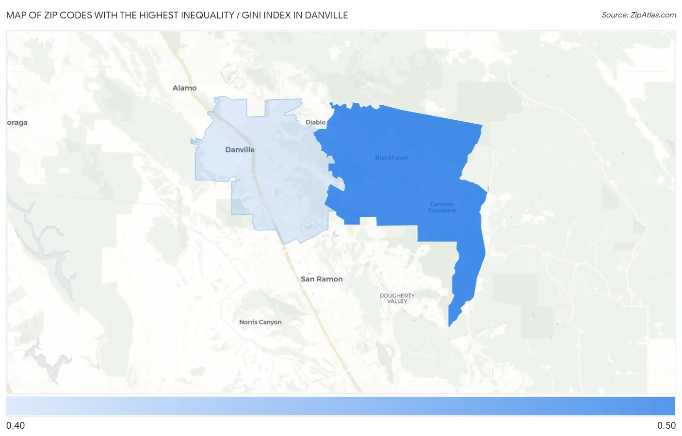 Zip Codes with the Highest Inequality / Gini Index in Danville Map