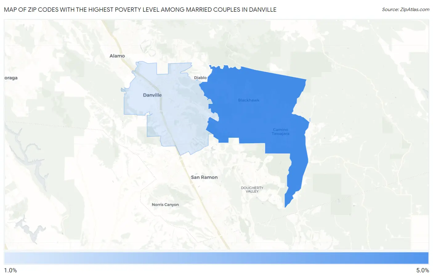 Zip Codes with the Highest Poverty Level Among Married Couples in Danville Map