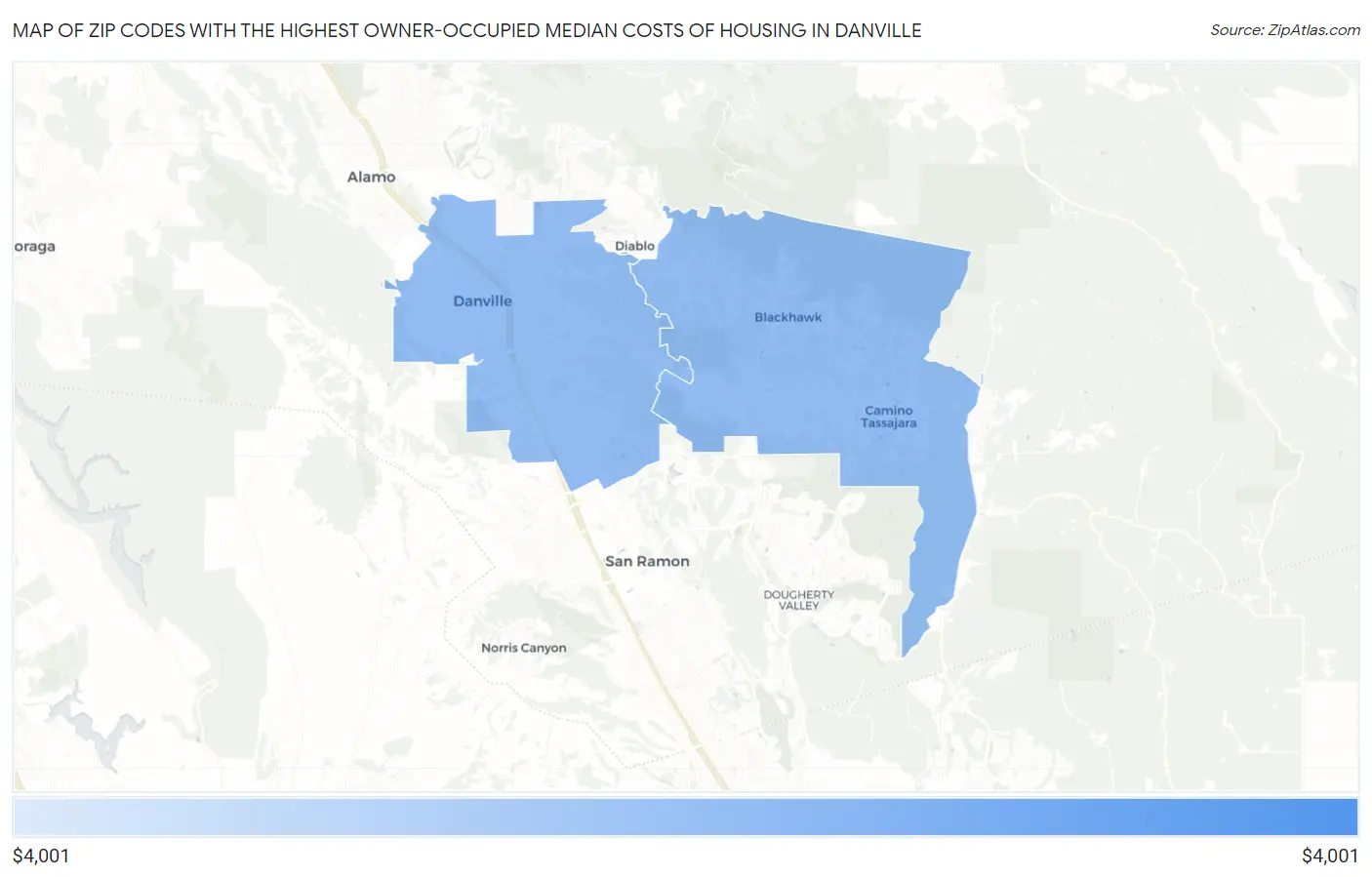 Zip Codes with the Highest Owner-Occupied Median Costs of Housing in Danville Map