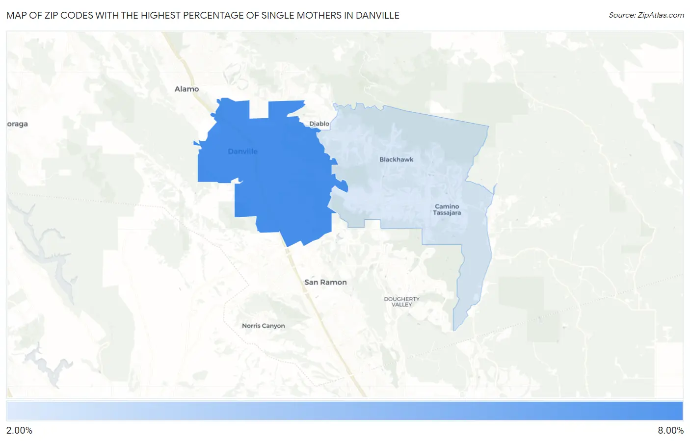 Zip Codes with the Highest Percentage of Single Mothers in Danville Map
