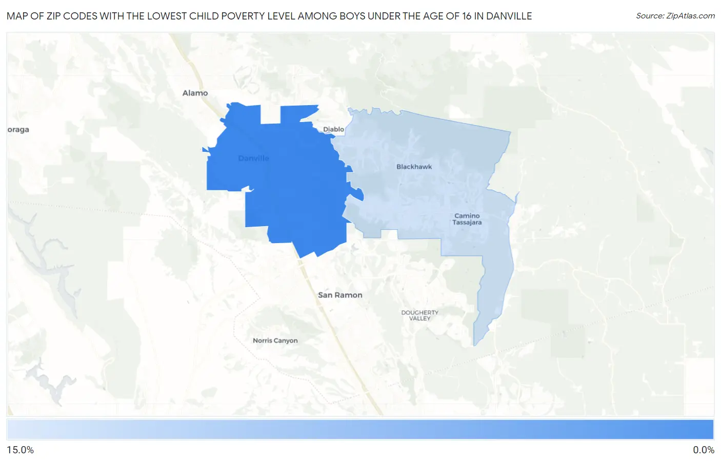Zip Codes with the Lowest Child Poverty Level Among Boys Under the Age of 16 in Danville Map