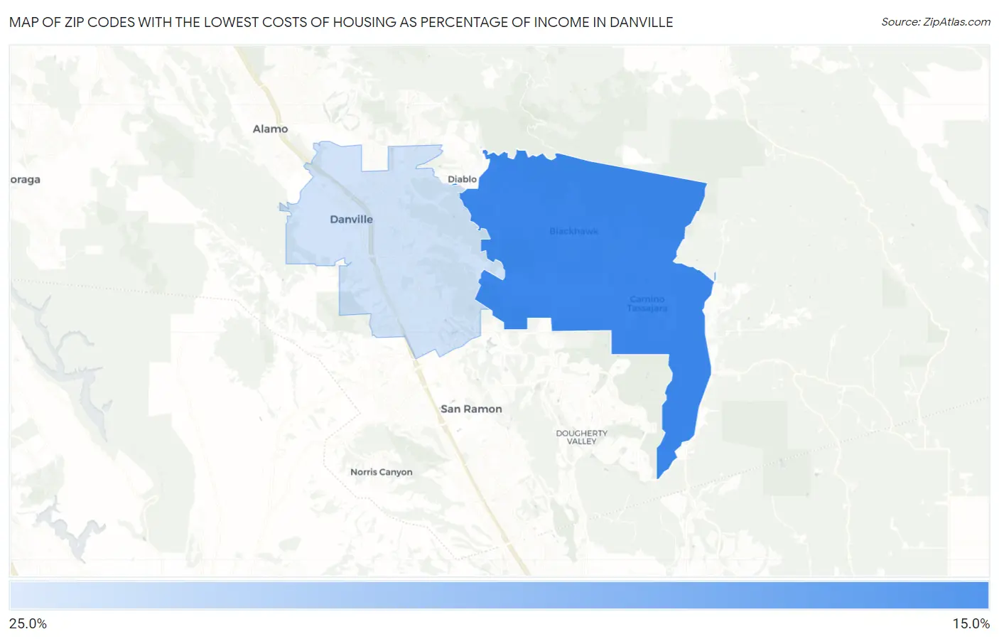 Zip Codes with the Lowest Costs of Housing as Percentage of Income in Danville Map