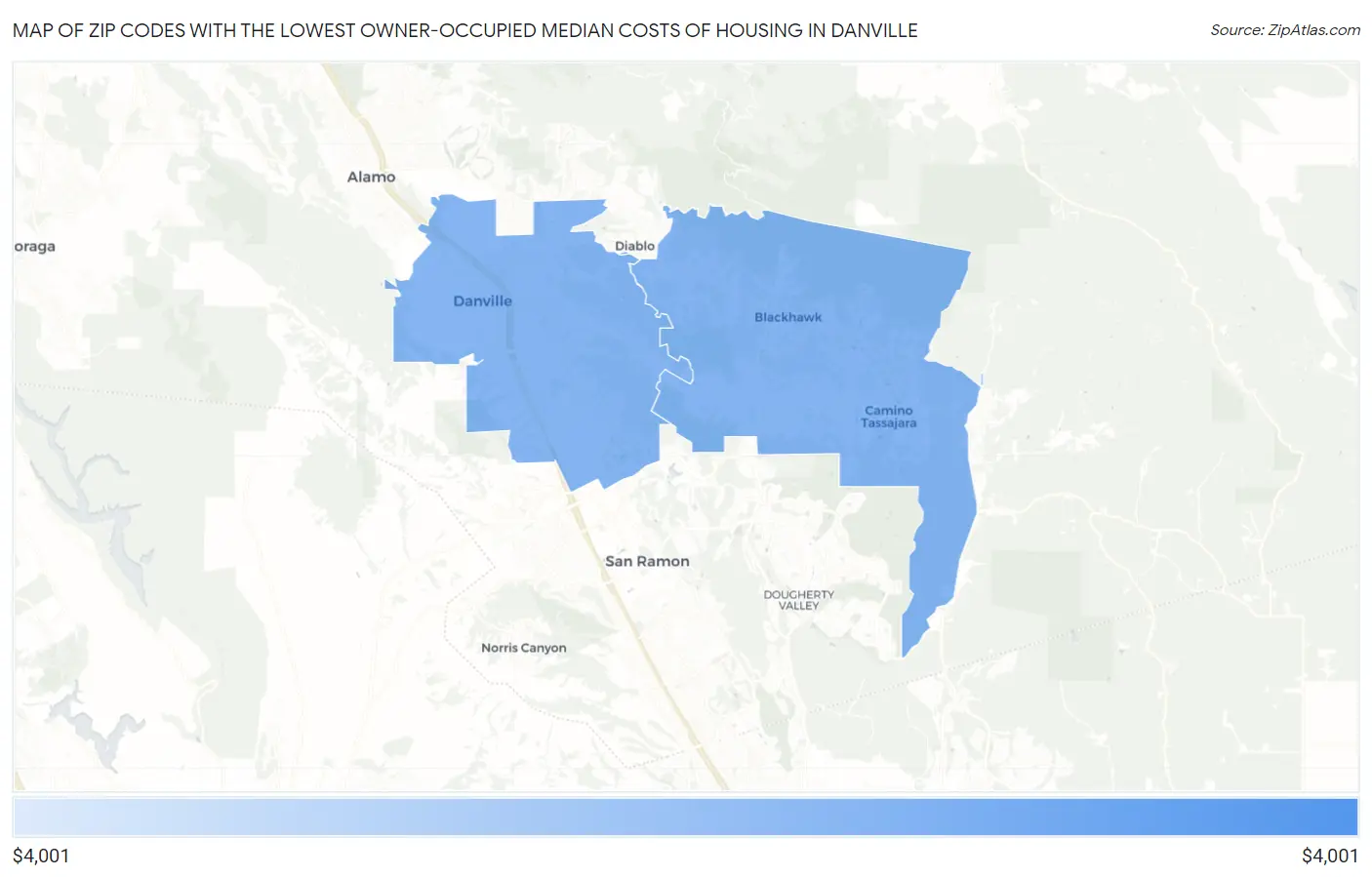 Zip Codes with the Lowest Owner-Occupied Median Costs of Housing in Danville Map