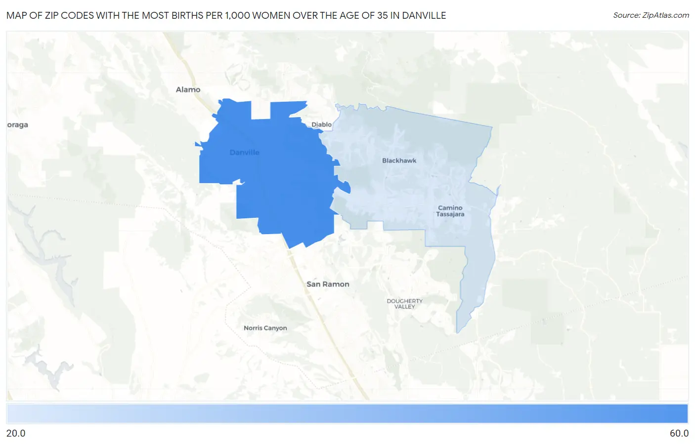 Zip Codes with the Most Births per 1,000 Women Over the Age of 35 in Danville Map