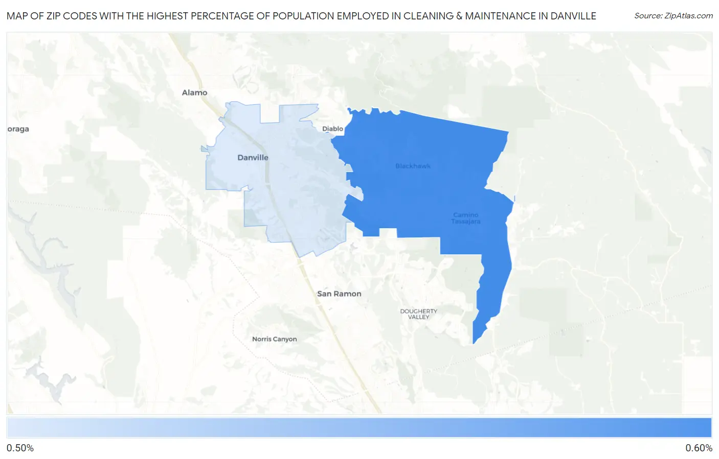 Zip Codes with the Highest Percentage of Population Employed in Cleaning & Maintenance in Danville Map