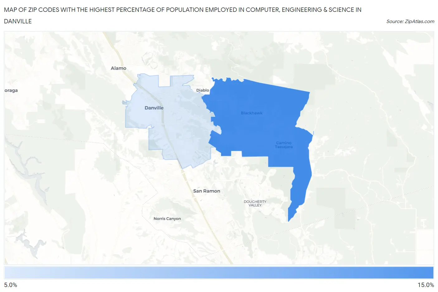 Zip Codes with the Highest Percentage of Population Employed in Computer, Engineering & Science in Danville Map