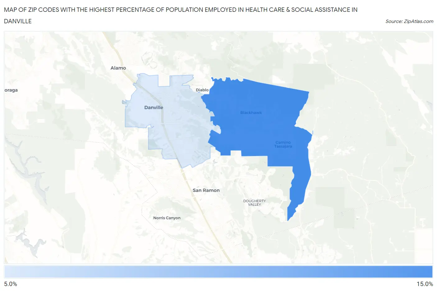 Zip Codes with the Highest Percentage of Population Employed in Health Care & Social Assistance in Danville Map