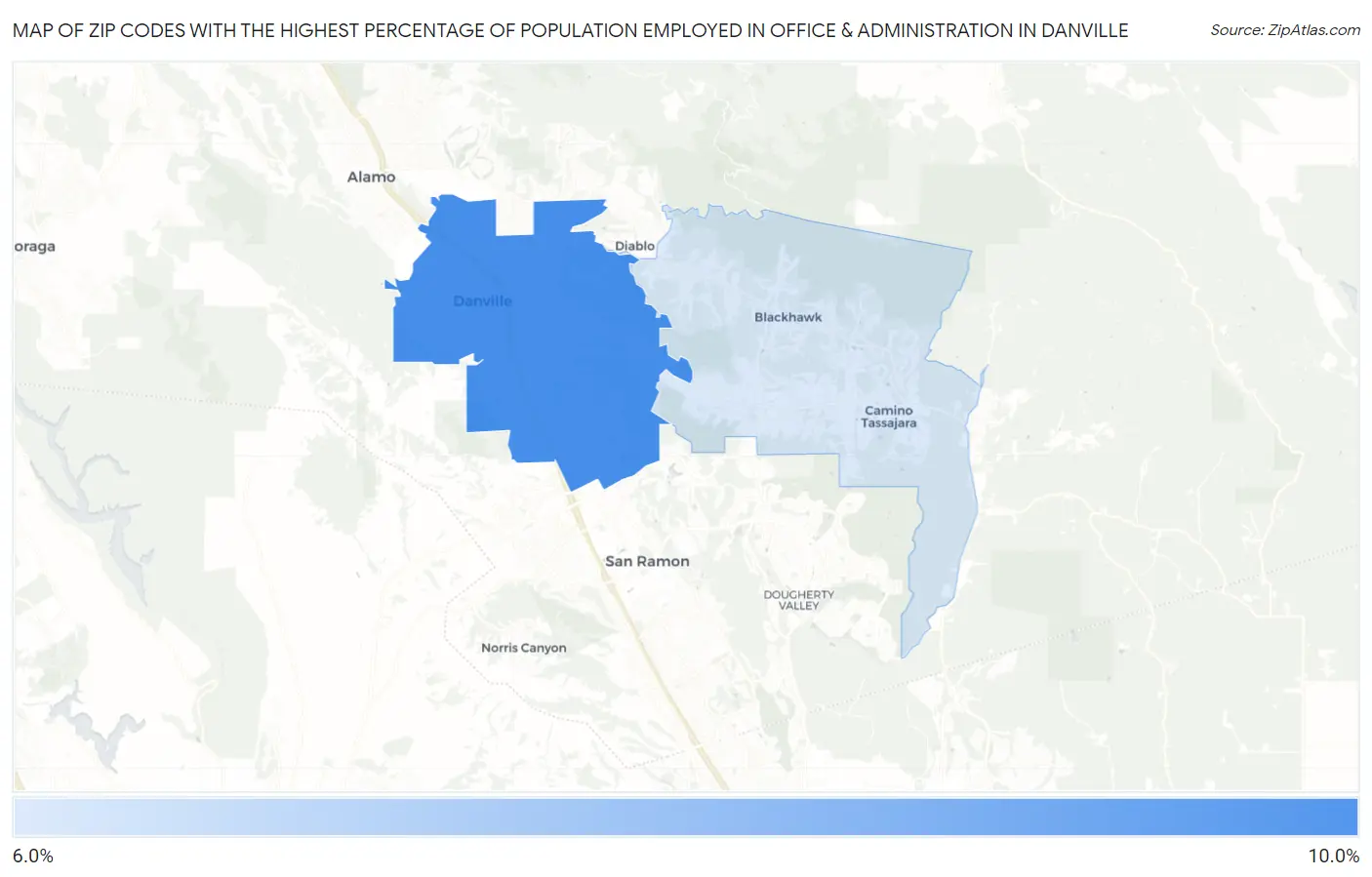 Zip Codes with the Highest Percentage of Population Employed in Office & Administration in Danville Map