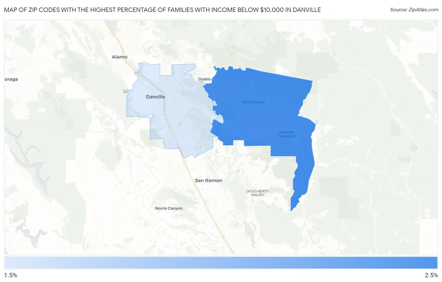 Zip Codes with the Highest Percentage of Families with Income Below $10,000 in Danville Map