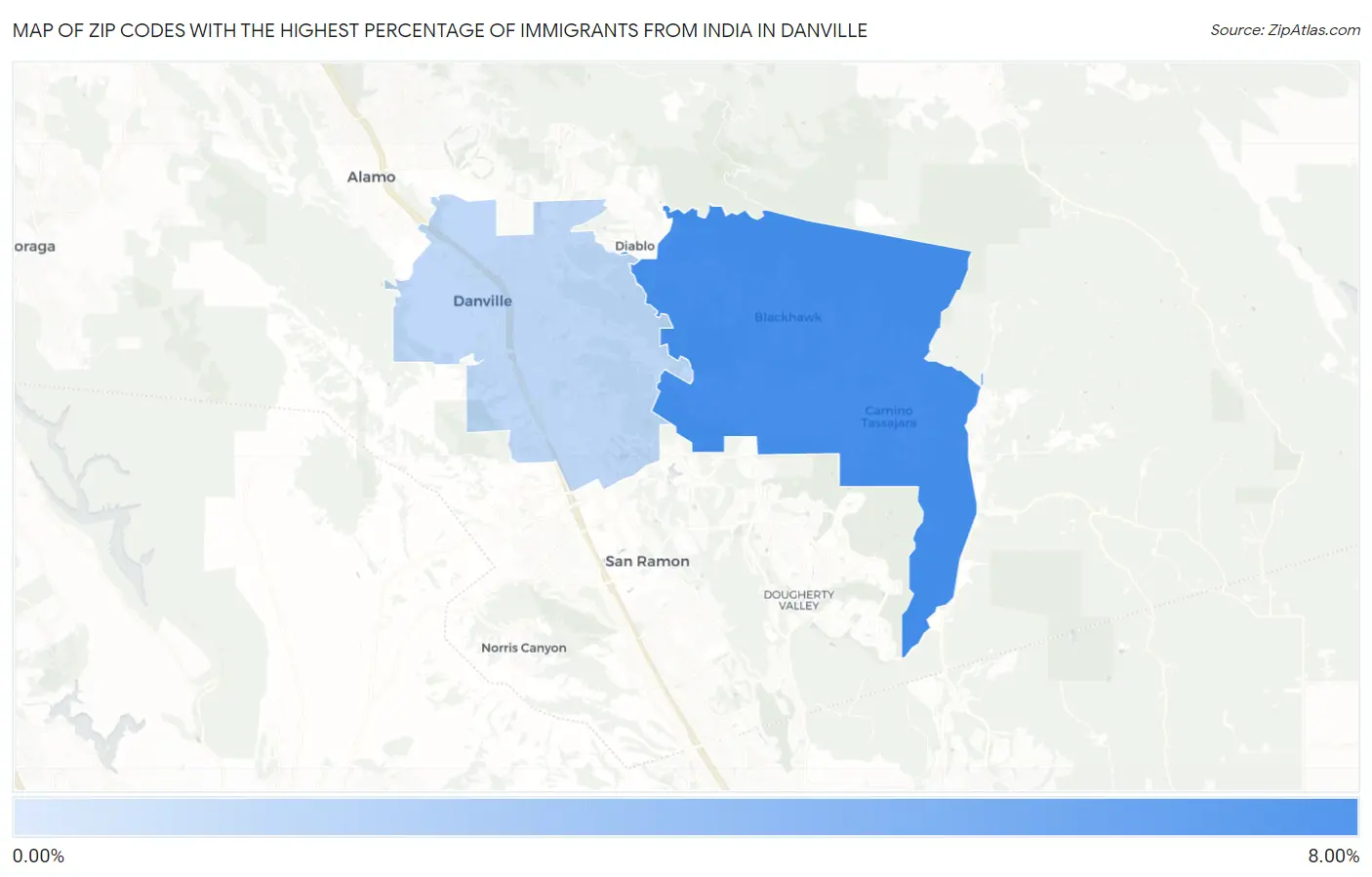 Zip Codes with the Highest Percentage of Immigrants from India in Danville Map