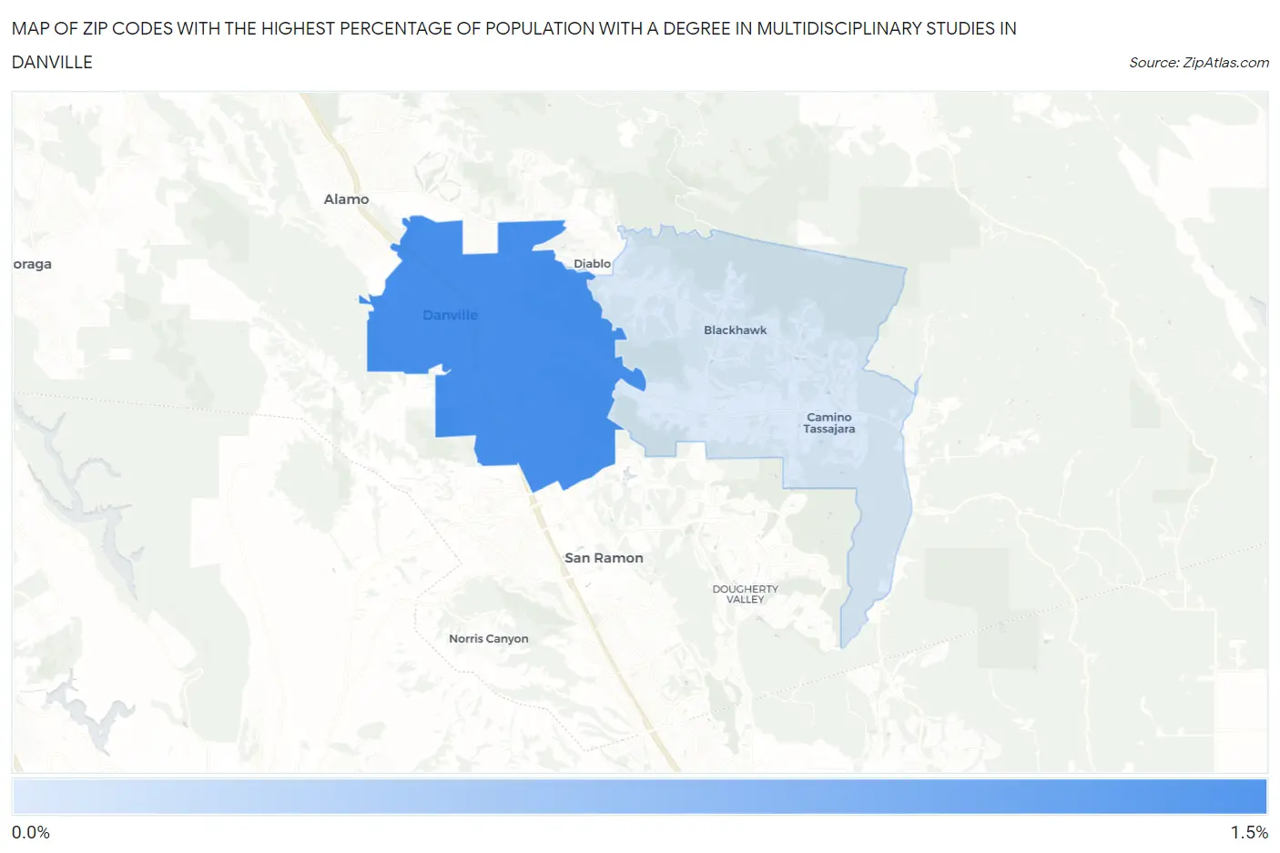 Zip Codes with the Highest Percentage of Population with a Degree in Multidisciplinary Studies in Danville Map