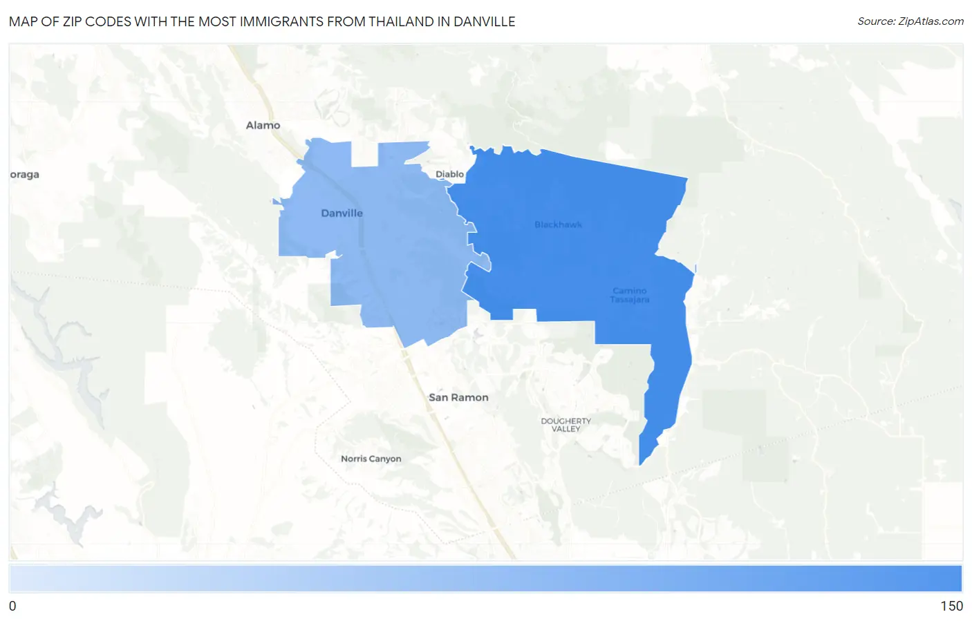 Zip Codes with the Most Immigrants from Thailand in Danville Map