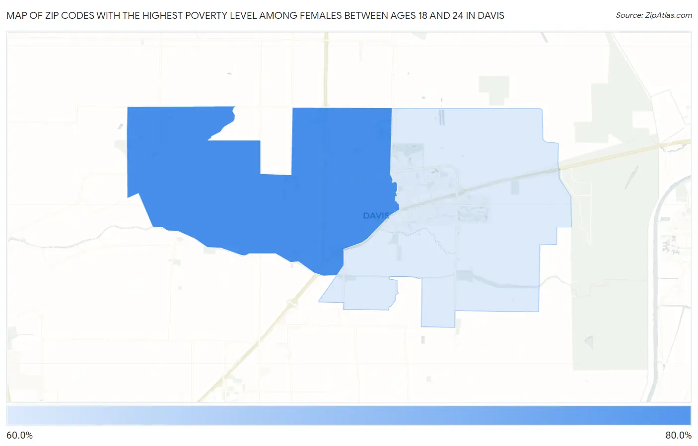 Zip Codes with the Highest Poverty Level Among Females Between Ages 18 and 24 in Davis Map