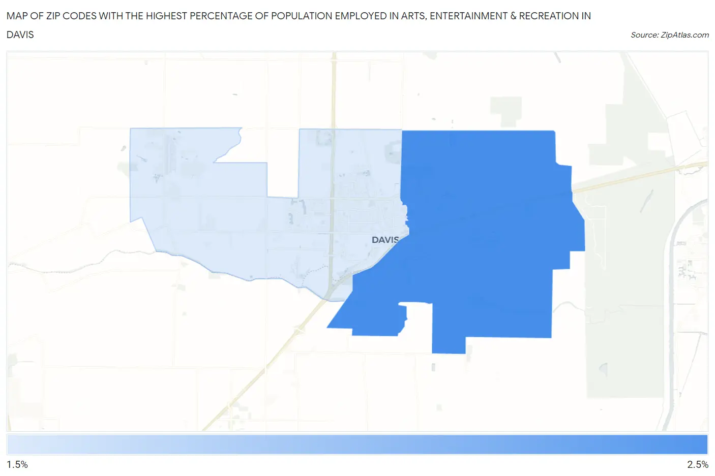 Zip Codes with the Highest Percentage of Population Employed in Arts, Entertainment & Recreation in Davis Map