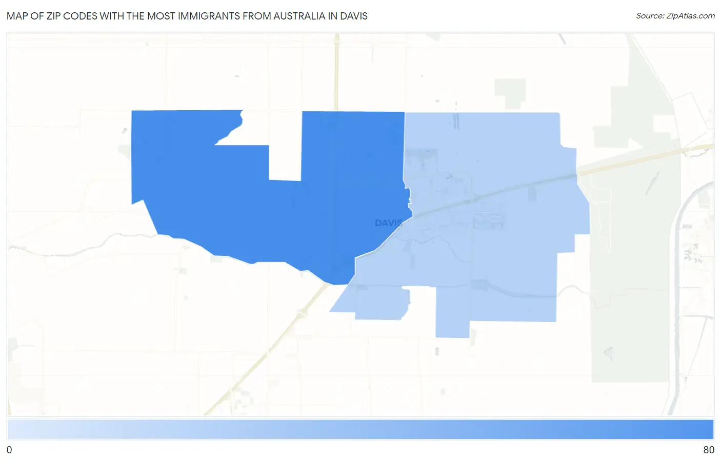 Zip Codes with the Most Immigrants from Australia in Davis Map