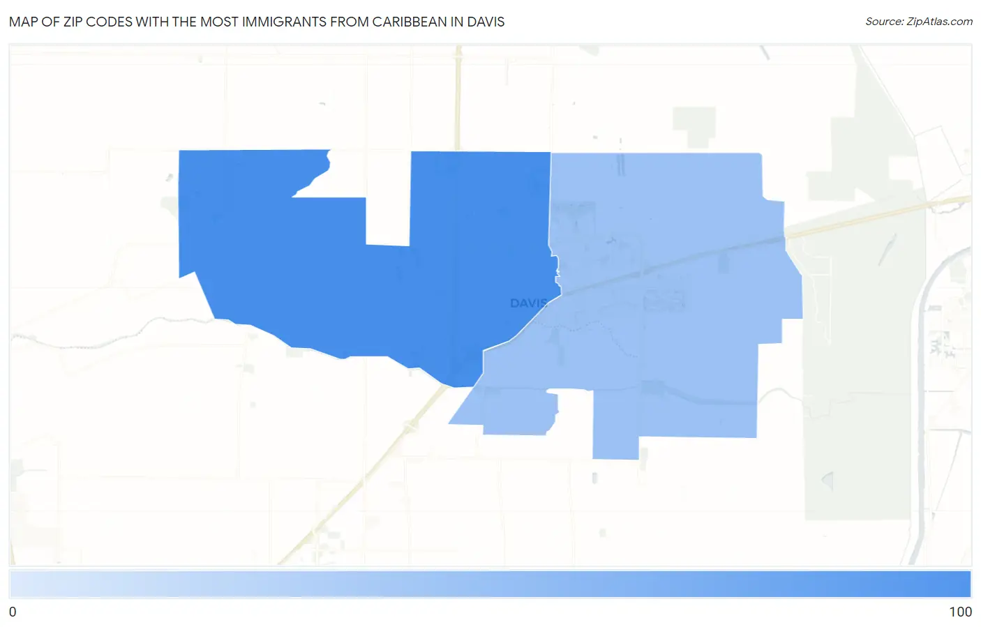 Zip Codes with the Most Immigrants from Caribbean in Davis Map