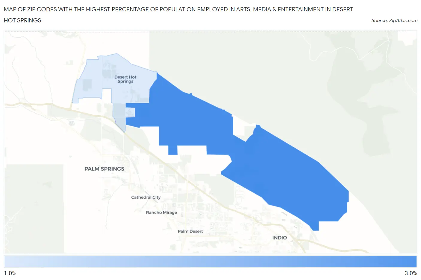 Zip Codes with the Highest Percentage of Population Employed in Arts, Media & Entertainment in Desert Hot Springs Map