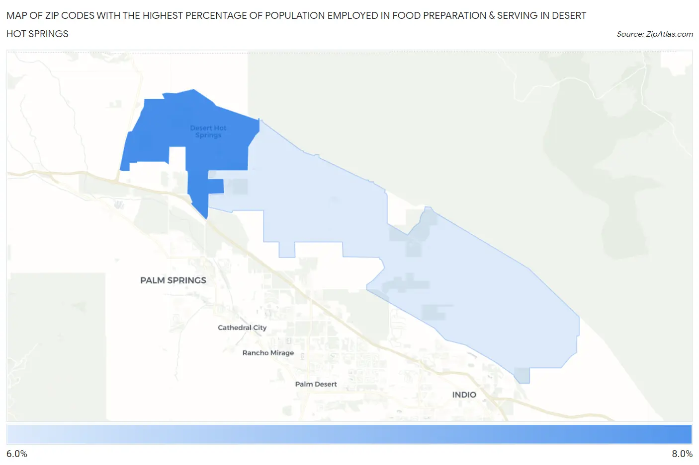 Zip Codes with the Highest Percentage of Population Employed in Food Preparation & Serving in Desert Hot Springs Map