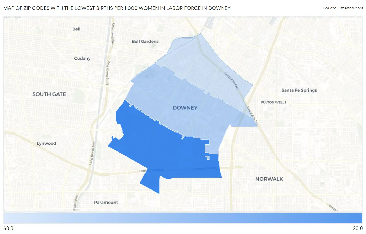 Zip Codes with the Lowest Births per 1,000 Women in Labor Force in Downey Map