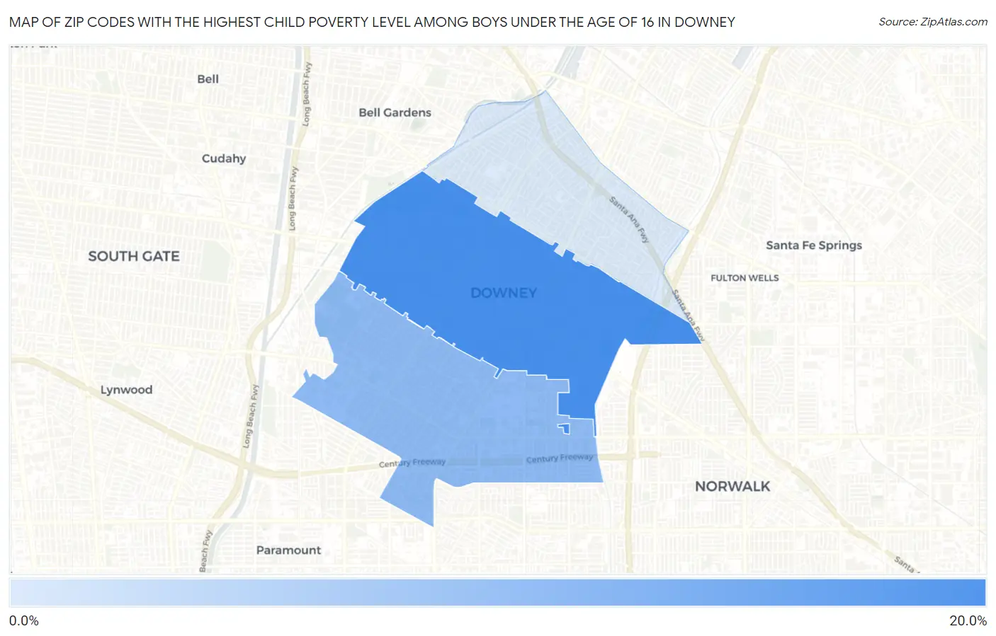 Zip Codes with the Highest Child Poverty Level Among Boys Under the Age of 16 in Downey Map