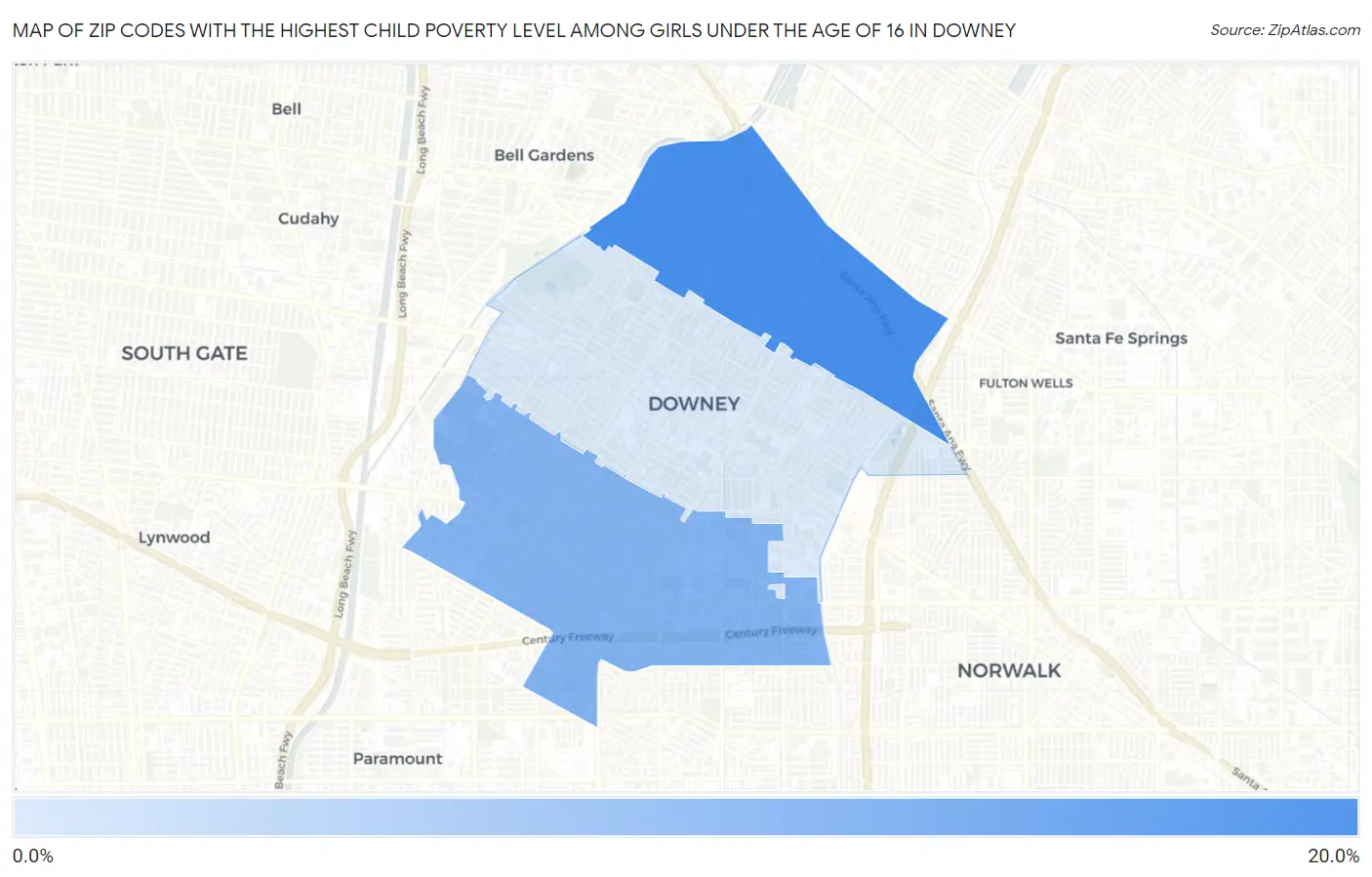 Zip Codes with the Highest Child Poverty Level Among Girls Under the Age of 16 in Downey Map